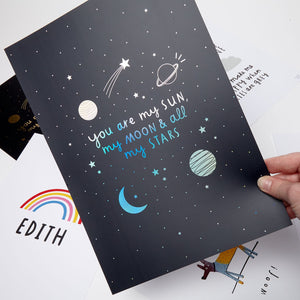 Sun, Moon and Stars Black & Silver A4 Art Print- with rainbow holographic detail