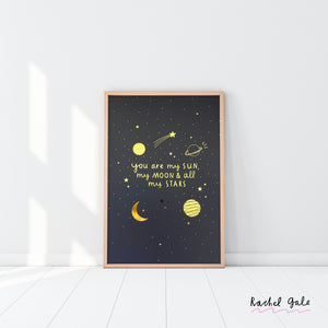 Sun, Moon and Stars Black & Silver A4 Art Print- with rainbow holographic detail