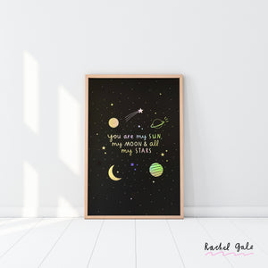 Sun, Moon and Stars Black & Silver A4 Art Print- with rainbow holographic detail